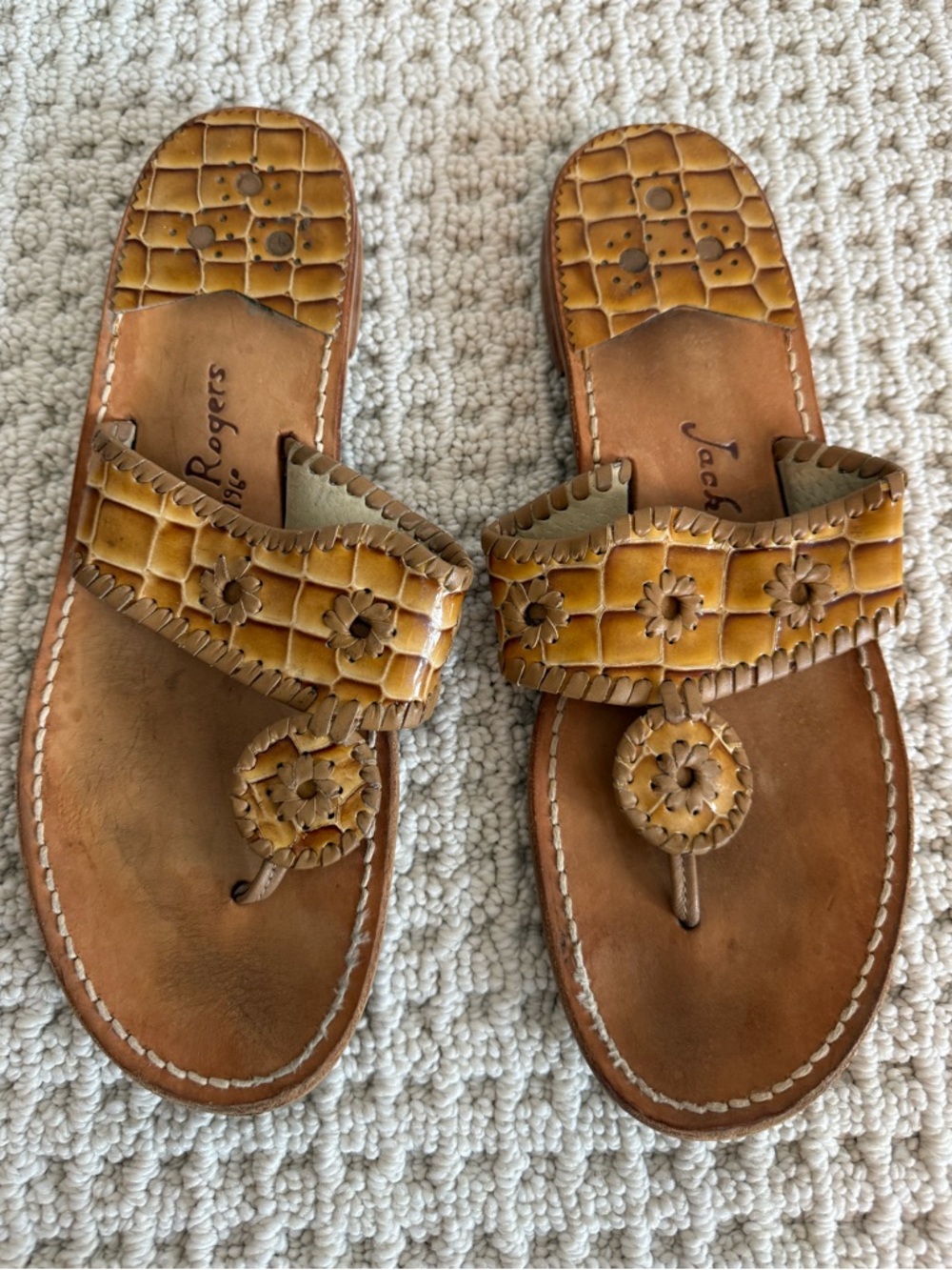 Jack Rogers Newport Croc Navajo Cognac Brown Beige Patent Leather Sandals Sz 11